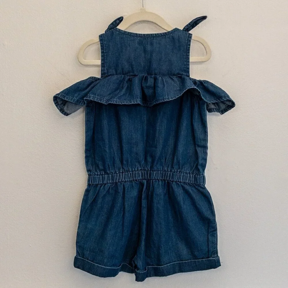 Mayoral Embroidered Denim Romper | Girls Size 4 (104 cm) | Floral Ruffle One-Pie